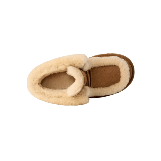 Chestnut shearling-lined ankle boots shown from above, with one boot open and the other closed