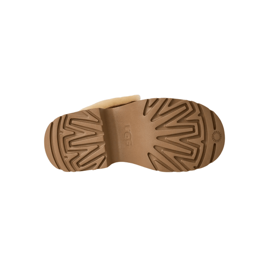 Tan boot outsole with UGG logo and zigzag tread pattern