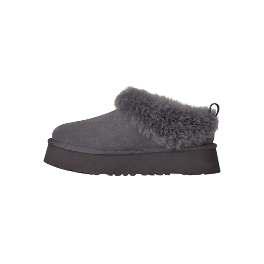 Gray suede slipper boot with fluffy faux-fur cuff and thick black platform sole, side view