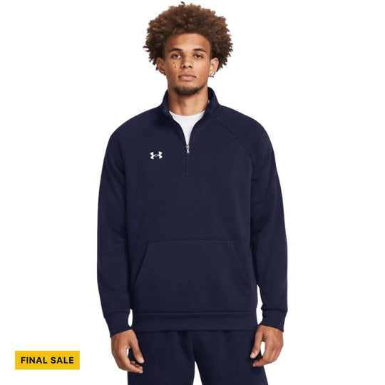 Navy quarter-zip pullover sweatshirt with a front pouch pocket and white chest logo