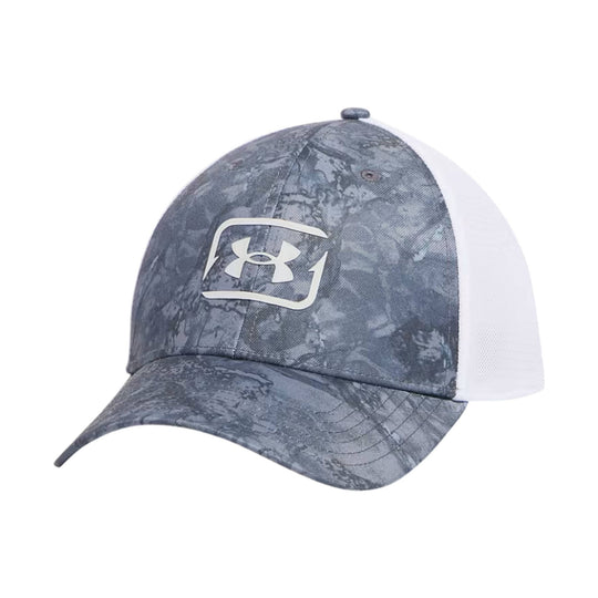 Gray camo baseball cap with white mesh back and front logo