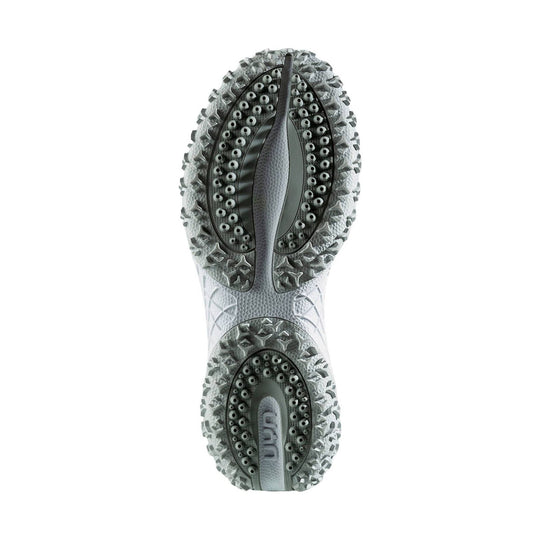Gray shoe outsole with deep tread, circular traction pods, and visible UYN branding
