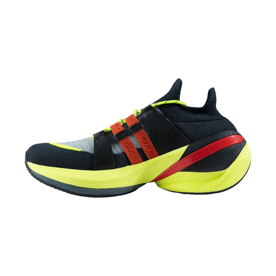 Black running shoe with neon yellow sole, red side accents, and knit upper
