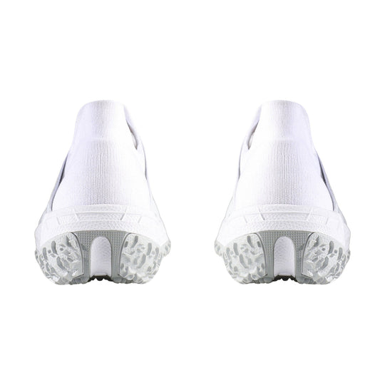 White slip-on athletic shoes with knit uppers and textured rubber soles, shown from the back