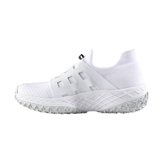 White slip-on athletic shoe with a knit upper, cutout side panels, and a rugged textured sole