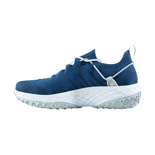 Blue knit athletic shoe with white laces, a thick white midsole, and gray lugged outsole