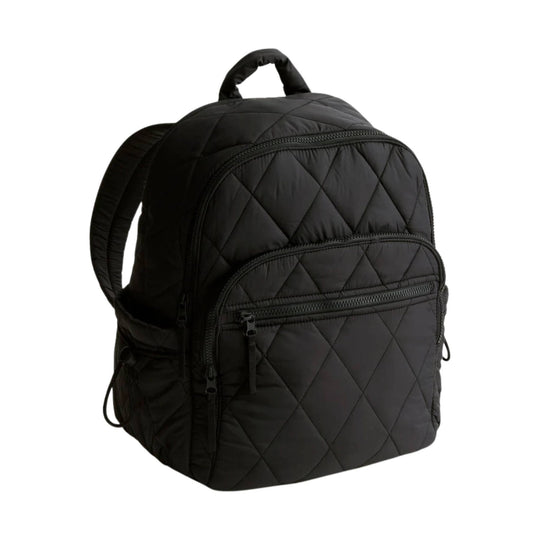 Black quilted backpack with top handle and multiple zippered front pockets