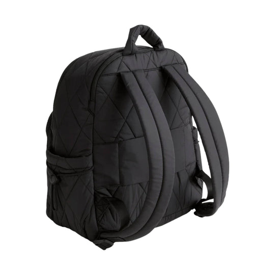 Black quilted backpack with padded shoulder straps and top handle
