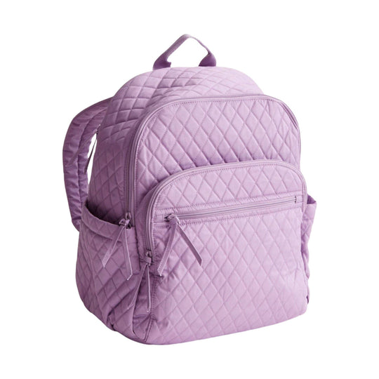 Lavender quilted backpack with front zip pockets and side water bottle pockets