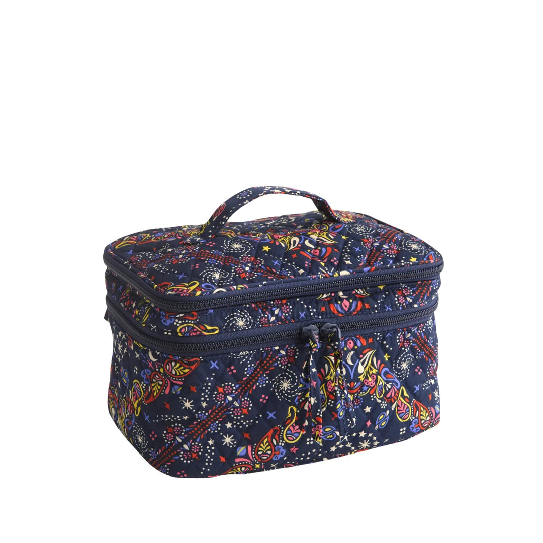 Quilted navy cosmetic case with multicolor paisley print and top handle