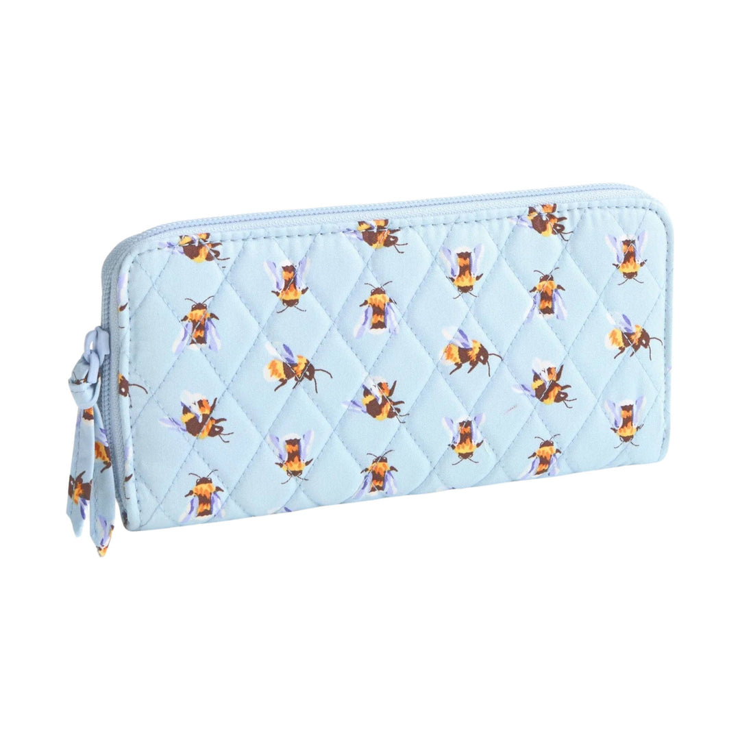 Light blue quilted zip wallet with bee print and wrist strap