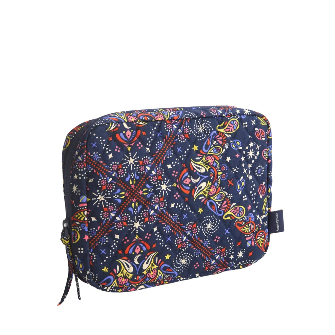 Quilted navy zippered cord organizer with colorful paisley print
