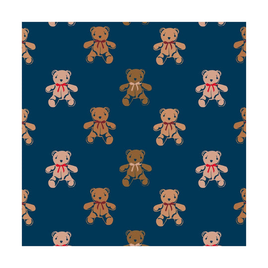 Navy fabric print with scattered teddy bears in tan, pink, and brown with red bows