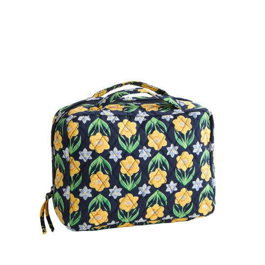 Quilted navy hanging travel organizer with yellow and white floral print and top handles