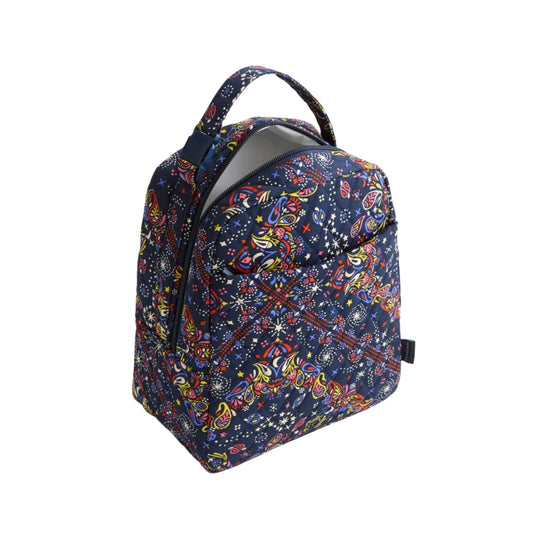 Navy insulated lunch bag with colorful paisley and star pattern, zip top, and carry handle