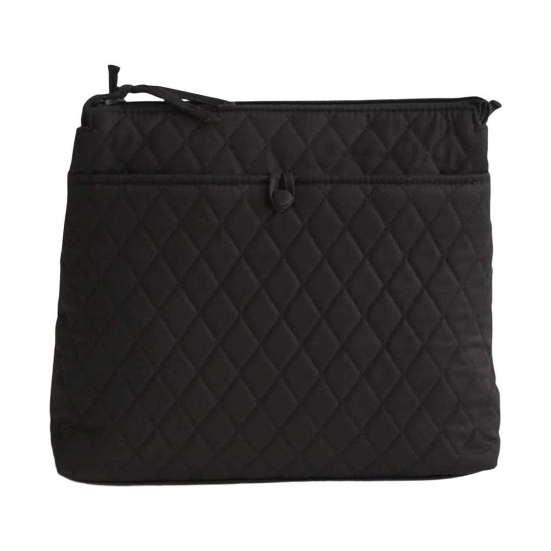 Black quilted zip-top crossbody pouch with front slip pocket and snap tab closure