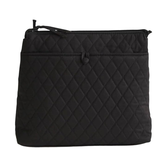 Black quilted zip-top crossbody pouch with front slip pocket and snap tab closure