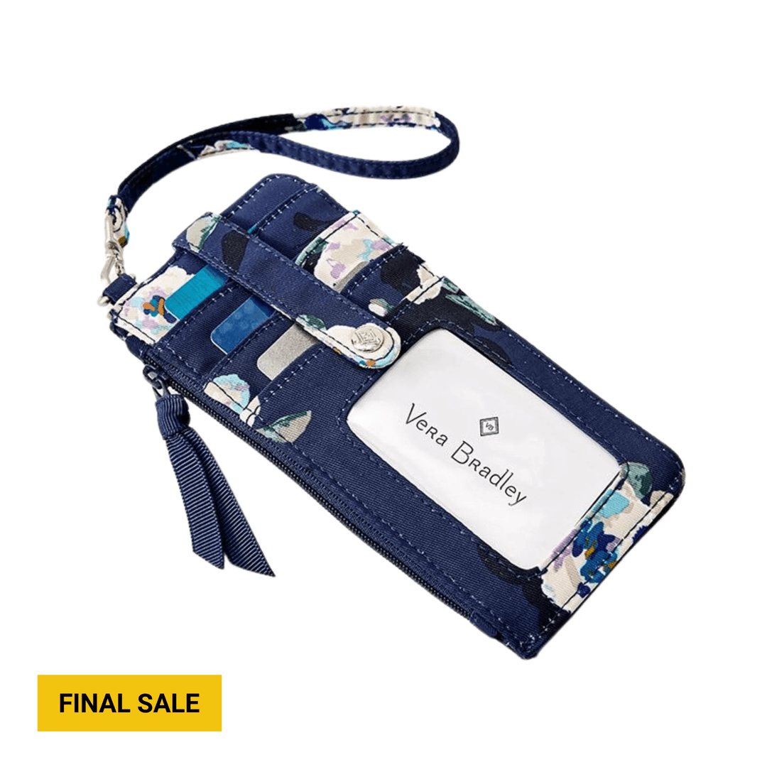 Navy floral RFID card case with wrist strap and ID window