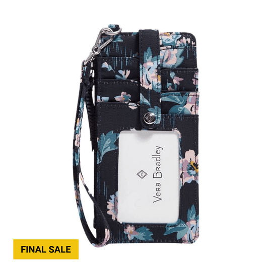 Floral card case with wrist strap, multiple front pockets, clear ID window, and FINAL SALE tag