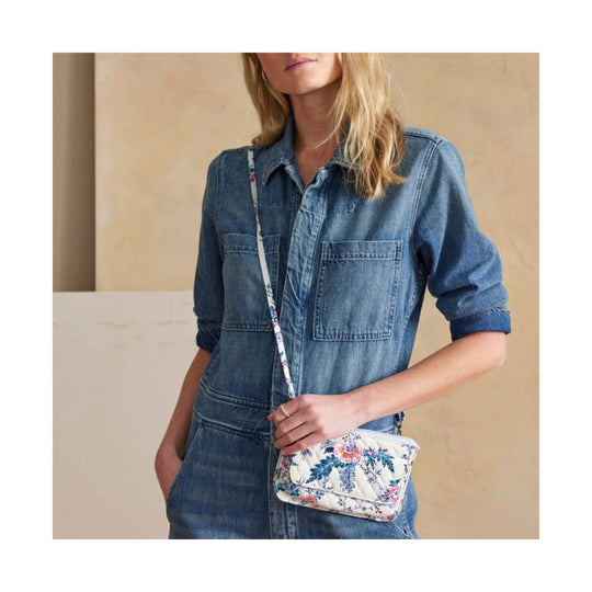 Floral quilted wallet crossbody bag with flap closure and long strap