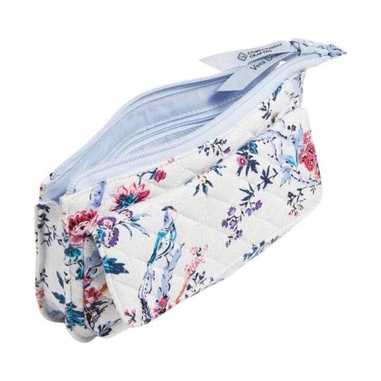Quilted white floral zip pouch with light blue lining