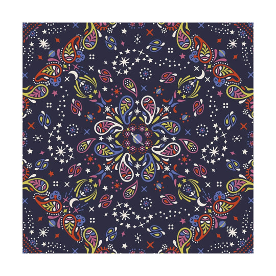 Square navy fabric swatch with multicolor paisley, stars, and dot pattern