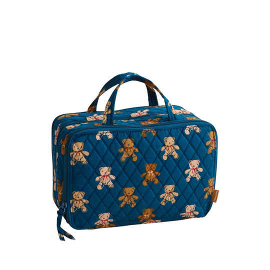 Blue quilted travel case with teddy bear print, top handles, and double zippers