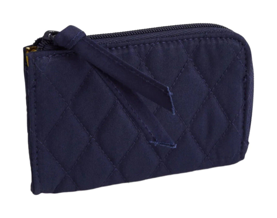Dark quilted zip pouch with a wrist strap