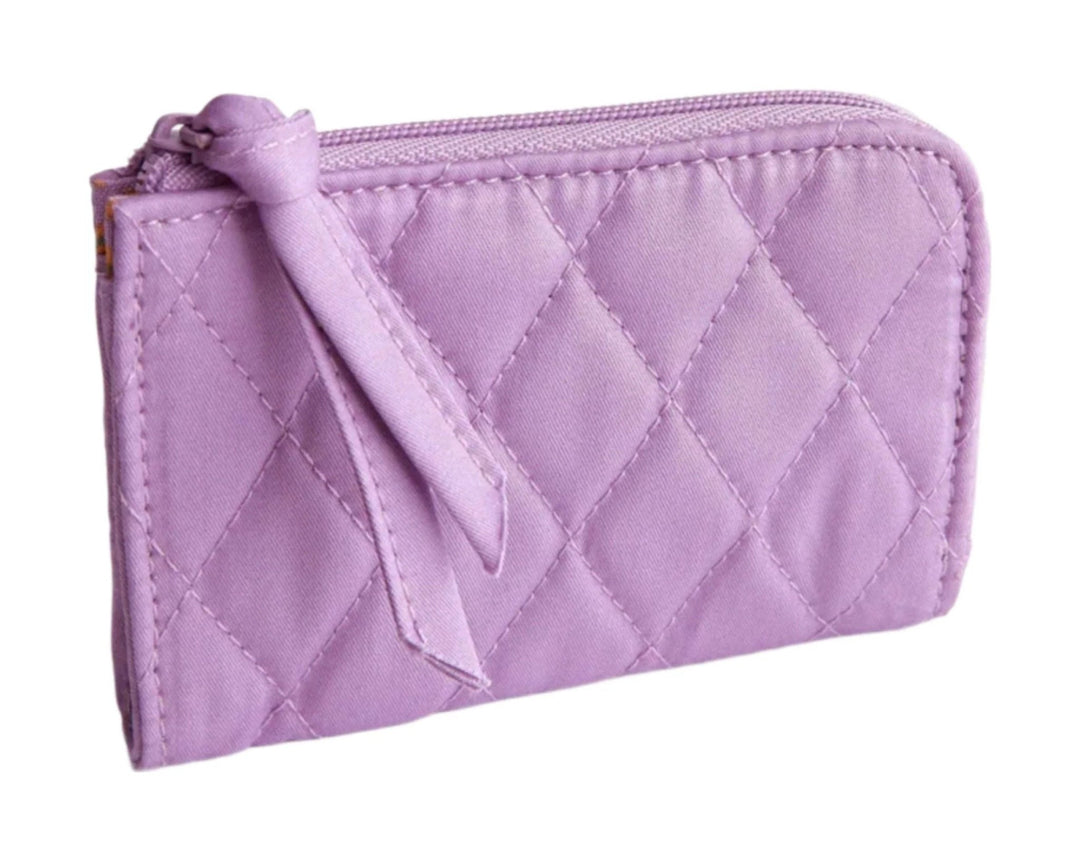 Lavender quilted zip card pouch with a wrist strap