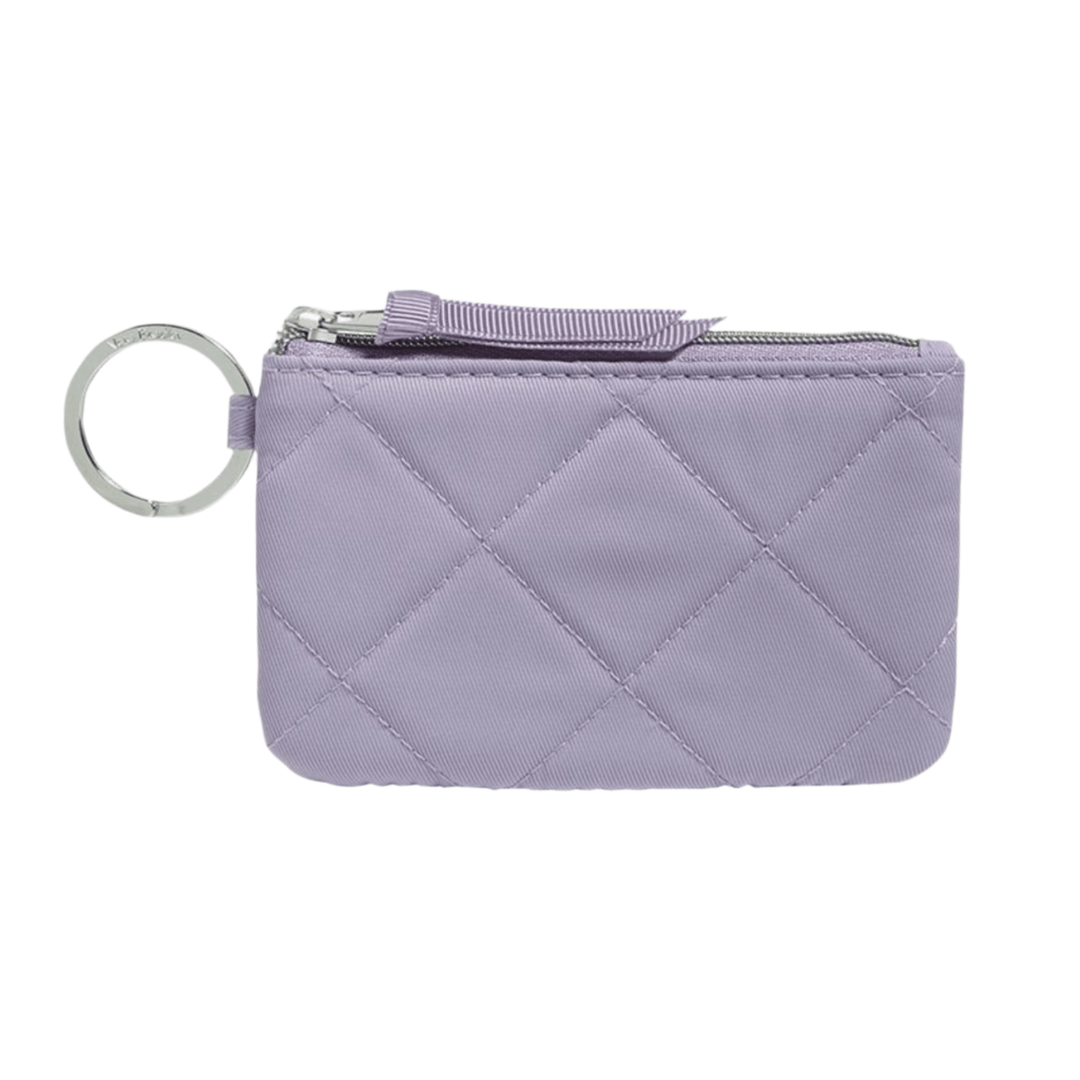 Lavender quilted zip pouch with a silver key ring and top zipper