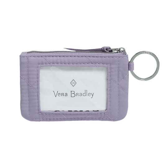 Lavender zippered ID case with a clear front window and key ring