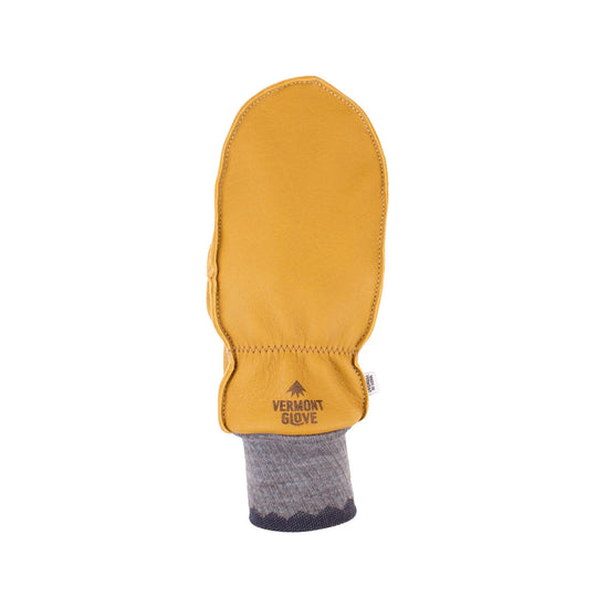 Tan leather mitten with a gray knit cuff and printed logo.