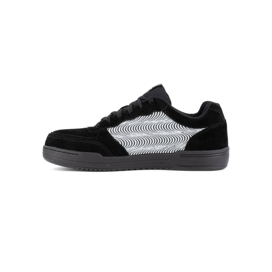 Black low-top work shoe with a white wavy side panel and dark gray sole