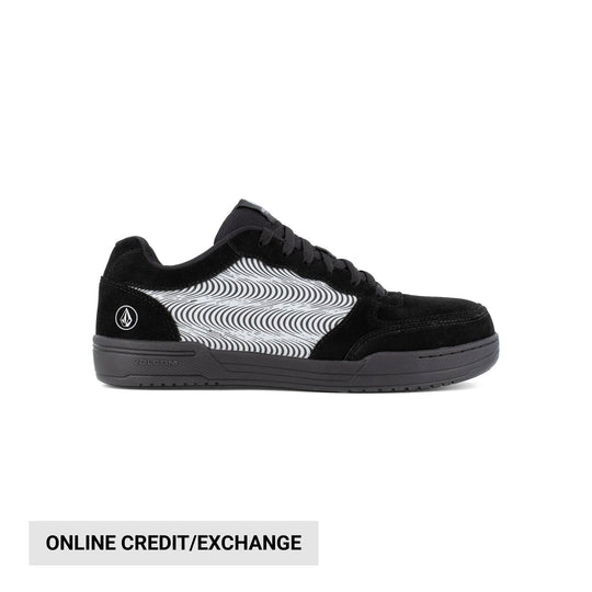Black low-top work shoe with white wavy side panel and gray sole, shown in profile