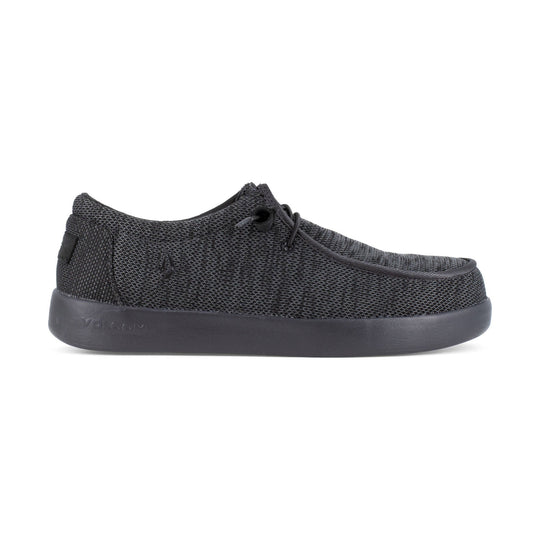 Black knit slip-on shoe with thick rubber sole and side logo