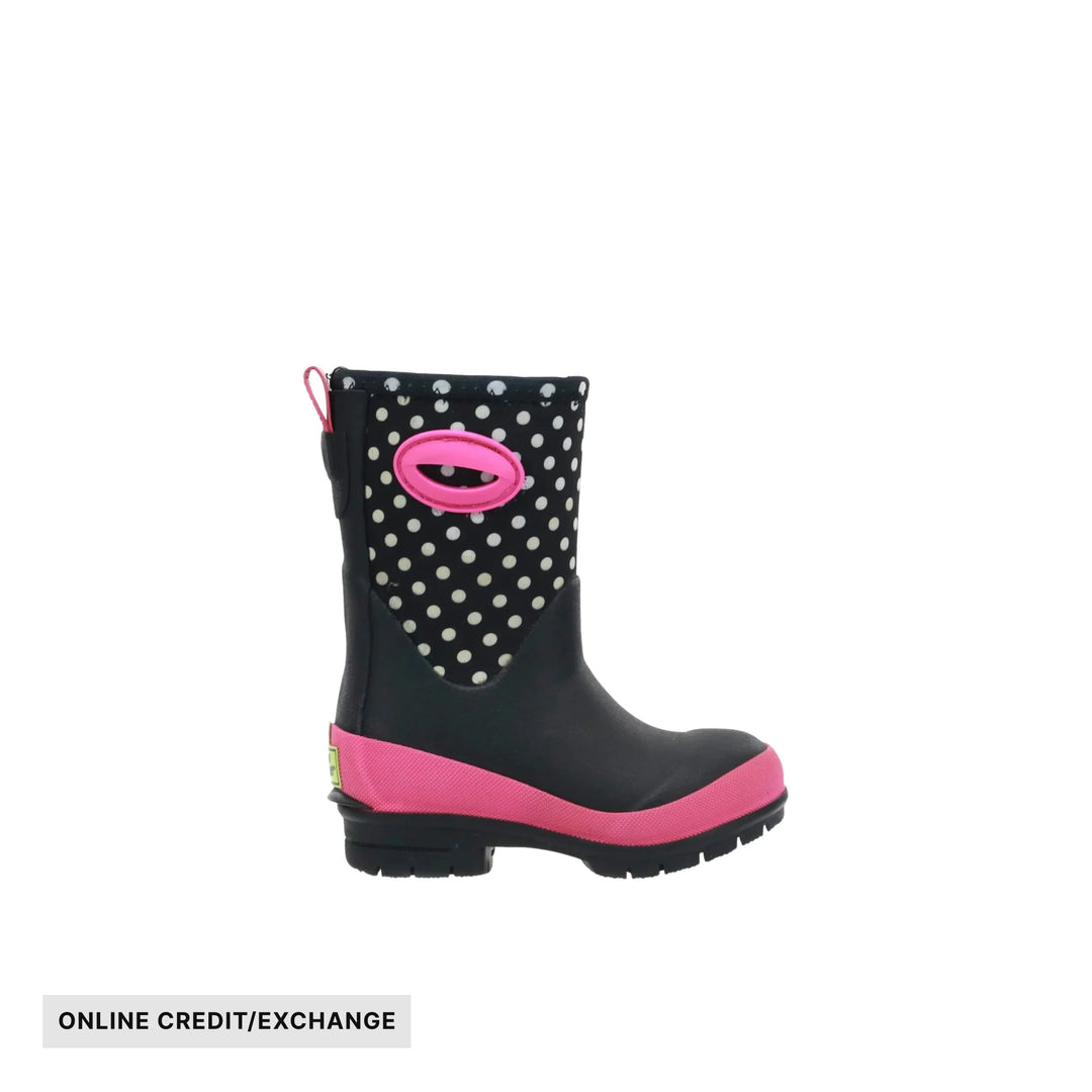 Black knee-high rain boot with white polka dots, pink trim, and an oval side logo