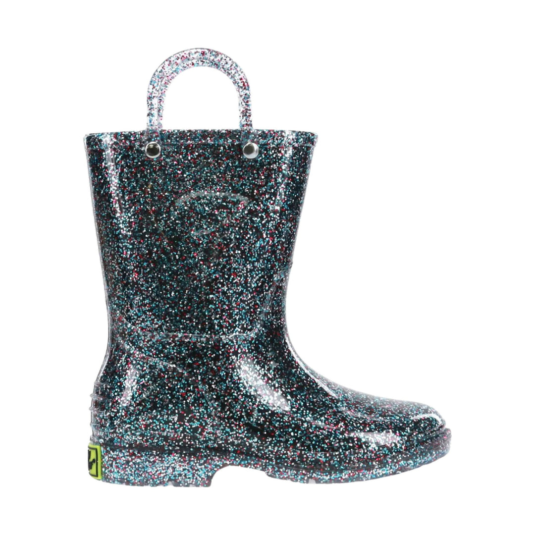 Glittery black mid-calf rain boot with teal, pink, and white speckles and a pull handle