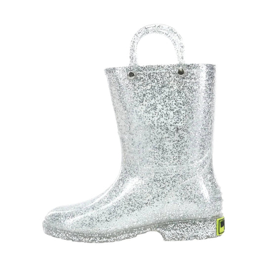 Clear glittery kids' rain boot with pull handle and textured sole