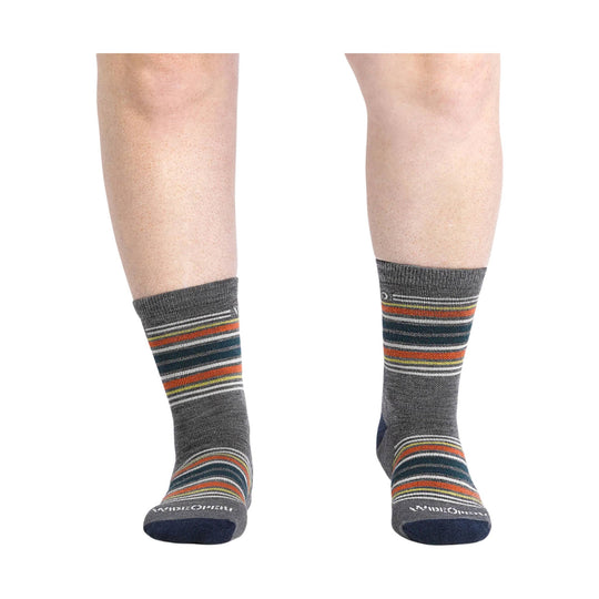 Pair of gray crew socks with multicolor horizontal stripes on the cuff and foot