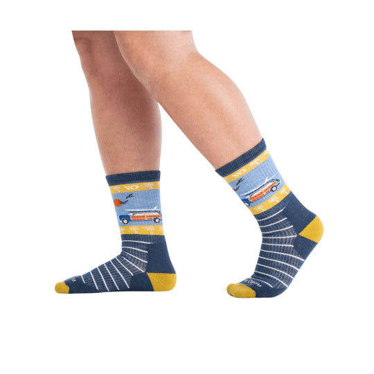 Blue crew socks with yellow cuffs and toes, featuring a retro van and striped pattern