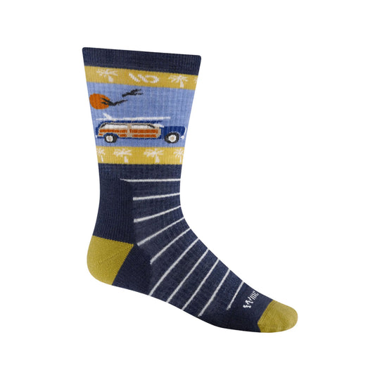 Navy and gold crew sock with a beach scene, van graphic, and sunburst stripes