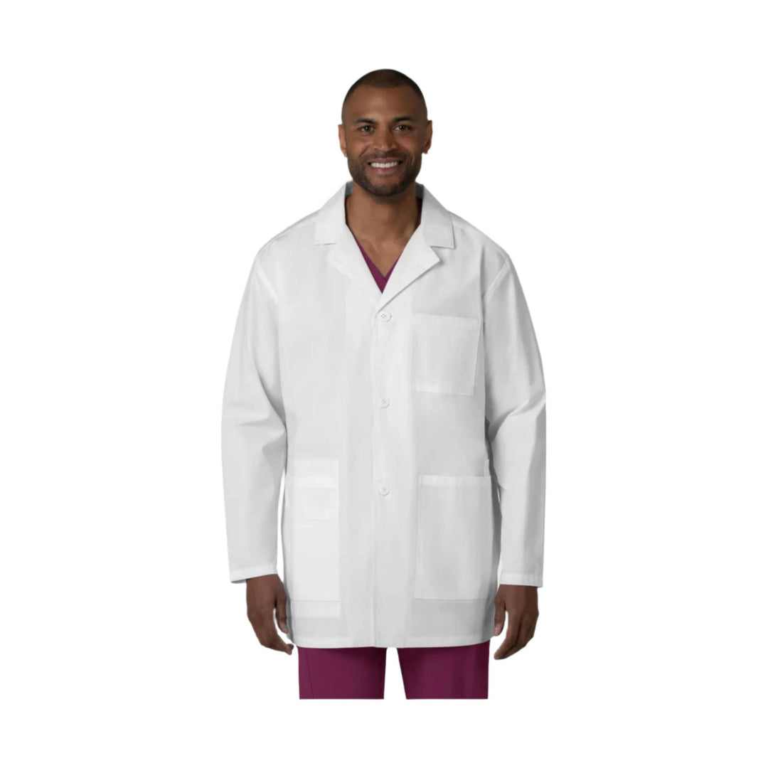 White button-front coat with patch pockets over burgundy scrubs, front view
