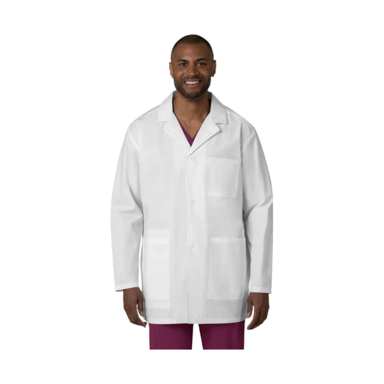 White button-front coat with patch pockets over burgundy scrubs, front view