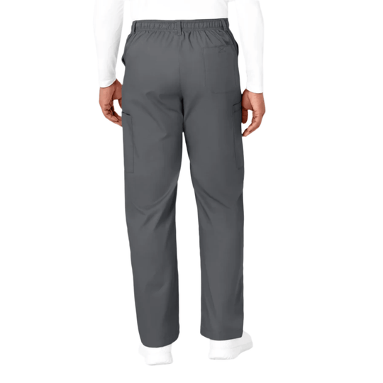 Gray straight-leg cargo scrub pants shown from the back