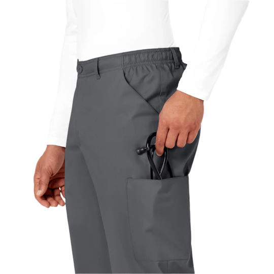 Dark gray scrub pants with an elastic waistband, cargo pocket, and utility loop