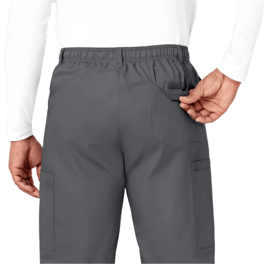 Gray cargo scrub pants with elastic waistband and side utility pockets, back view