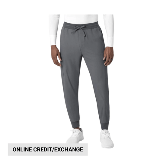 Gray jogger scrub pants with drawstring waist, shown on a model with white sneakers