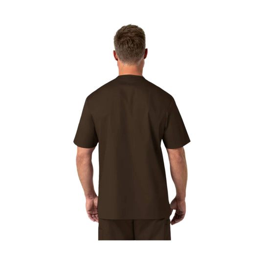 Brown short-sleeve scrub top shown from the back on a male model