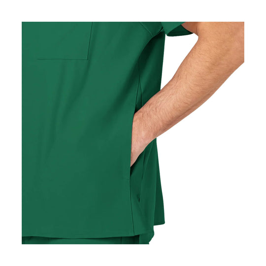 Green short-sleeve scrub top with a chest pocket and side vents, shown from the back/side.