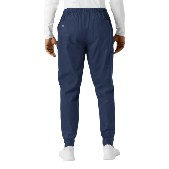 Navy cargo jogger pants with elastic waistband and tapered cuffs, back view